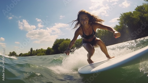 beautiful female athlete Surfing on the river waves of close-up images By training surfers A super fun water sport is wake surfing. photo