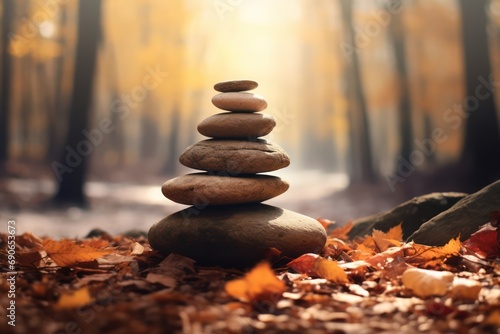 Pile of zen stones in the autumn forest. 