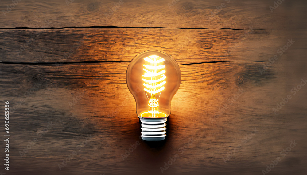 illustrazione con bulbo di lampadina che emana una luce calda e brillante su sfondo in legno rustico - Generato con strumenti AI - obrazy, fototapety, plakaty 