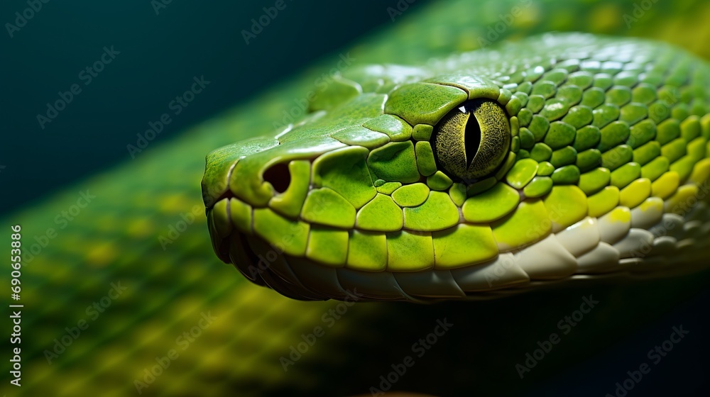 A green albolaris snake being viewed sideways with a close-up head. close-up view of the head of a green viper snake.