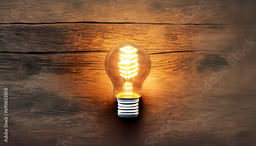 illustrazione con bulbo di lampadina che emana una luce calda e brillante su sfondo in legno rustico - Generato con strumenti AI photo