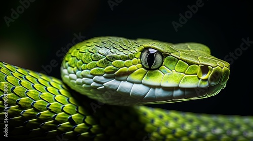 A green albolaris snake being viewed sideways with a close-up head. close-up view of the head of a green viper snake.