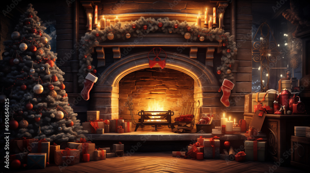 Home interior with decorated fireplace and christmas tree, vintage style. Merry Christmas and a Happy New Year concept.