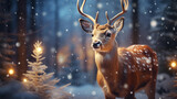 Christmas reindeer in snowy forest. Christmas Holidays. Christmas Card.