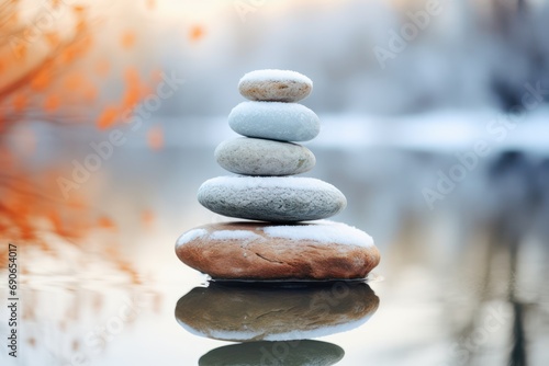 stack of pebbles or stones on winter outdoor background. 