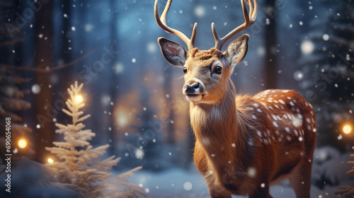 Christmas reindeer in snowy forest. Christmas Holidays. Christmas Card.
