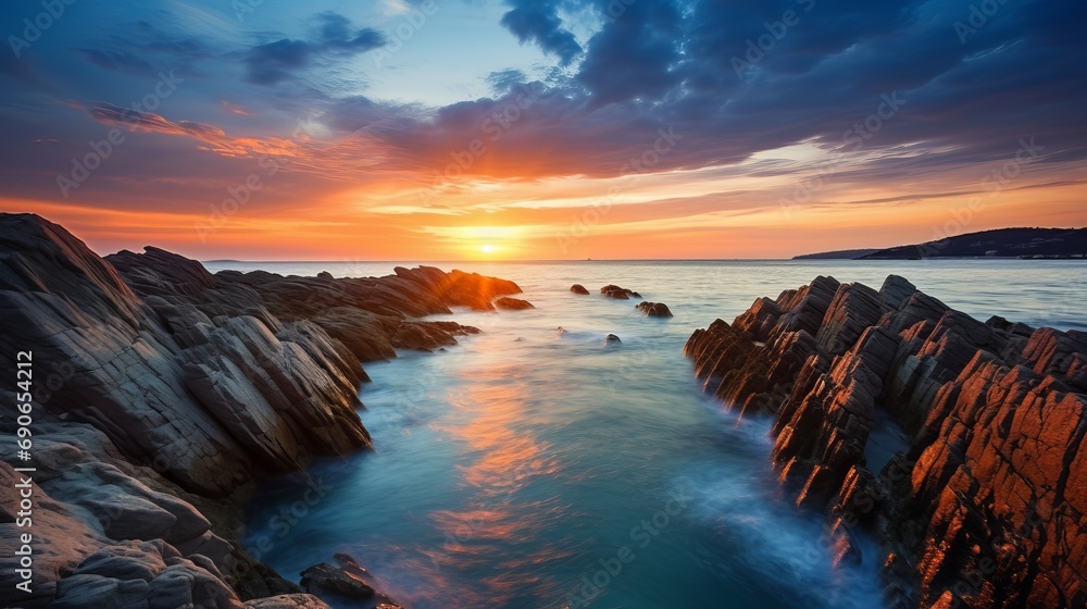 An image captured over a long period of time shows a dramatic sky and seascape, with rocks in the background and incredible light and nature landscapes.
