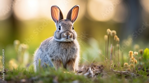 The gray rabbit is observing with selective focus as it sits on the green grass.