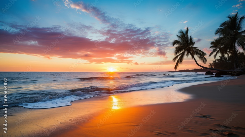 At sunset, the tropical beach and sea are breathtaking with a twilight sky.
