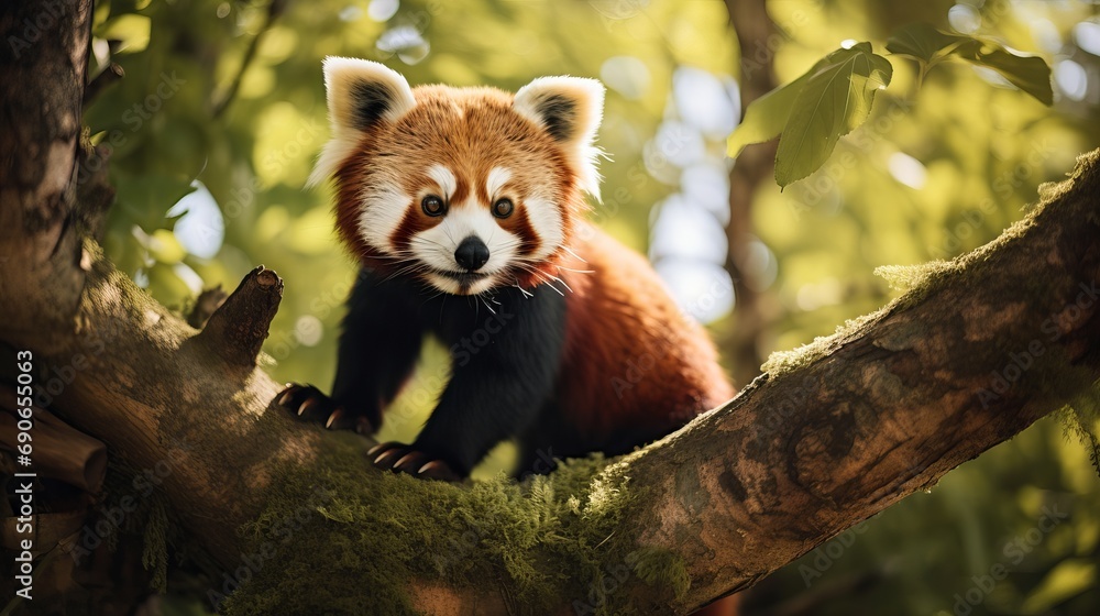 On a green tree, a red panda that is endangered is a sight to see On a green tree, a red panda that is endangered is a sight to see