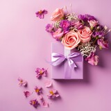 Gift and flowers on a colored background. Holiday, give a gift, congratulations. Valentine's Day, Mother's Day, International Women's Day. Made with generative ai. 