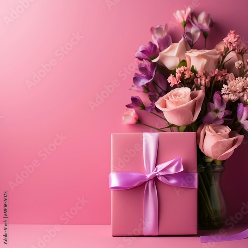 Gift and flowers on a colored background. Holiday, give a gift, congratulations. Valentine's Day, Mother's Day, International Women's Day. Made with generative ai. 