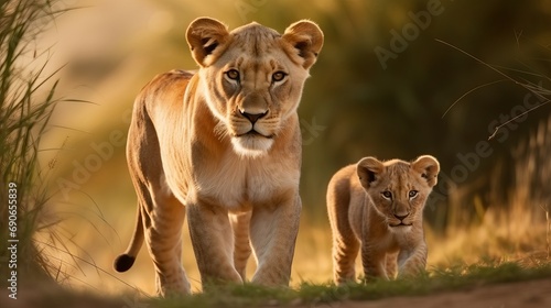 A close up of a lioness and her adorable baby lions grazing in a green field