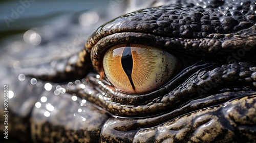 A closer look at an alligator's eye from above the water.