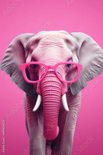 a bright pink elephant with glasses, in the style of graphic design poster art created with Generative Ai