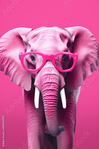 a bright pink elephant with glasses  in the style of graphic design poster art created with Generative Ai