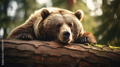 A grizzly bear is laying on a tree in a close-up shot.