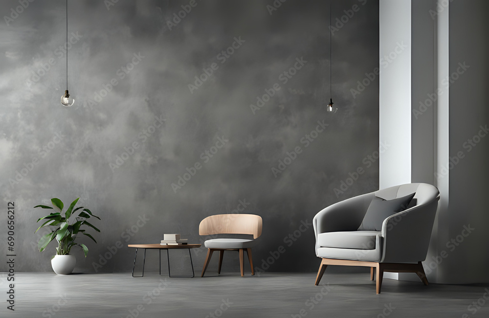 Obraz premium Style loft interior with gray armchair on dark cement wall.3d rendering
