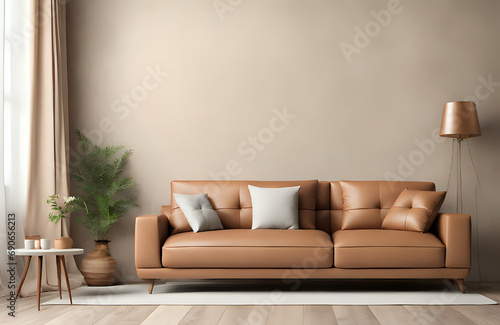 Living room wall mockup with leather sofa and decor on cream color plaster wall background