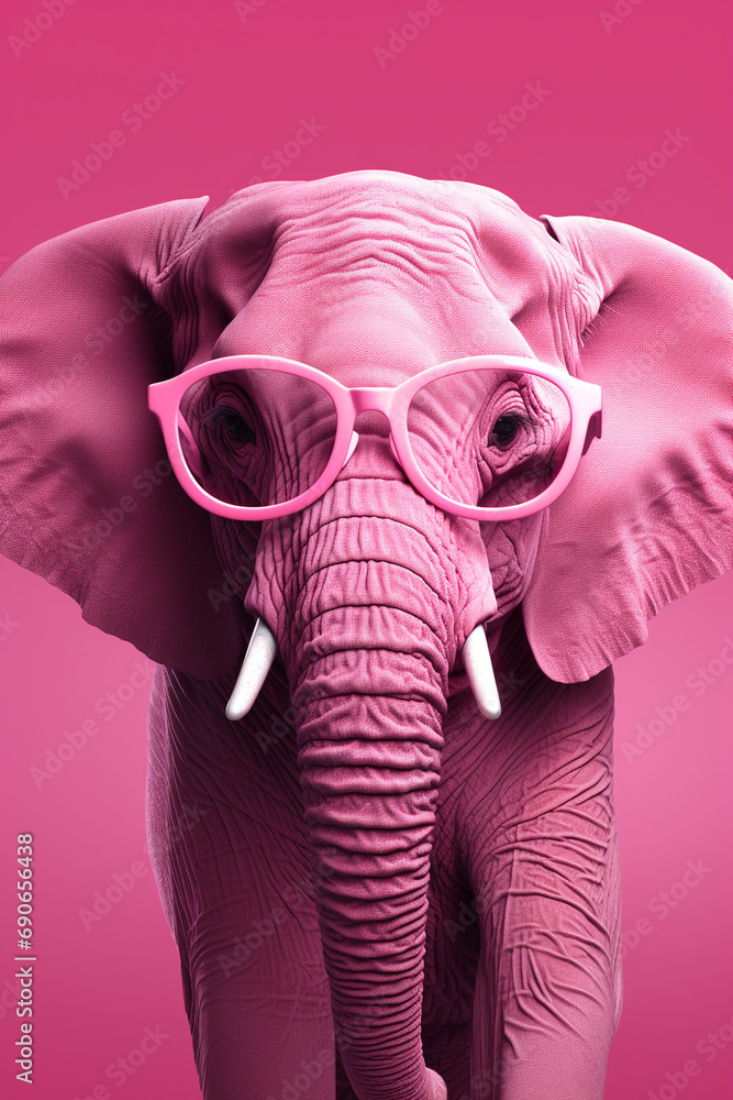 Obraz premium a bright pink elephant with glasses, in the style of graphic design poster art created with Generative Ai