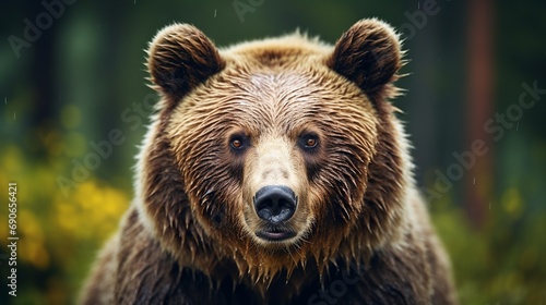 A shot of a brown bear in the forest that is close up.