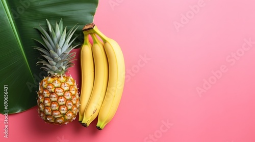 pineapple and bananas next to a palm leaf. photo