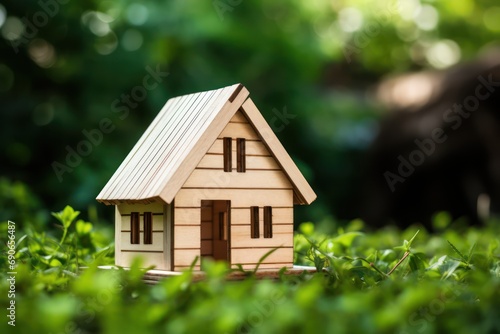 Wooden model of house on grass