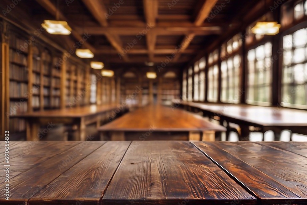 Empty old wooden table surface in the background of the ancient library Empty old wooden table surface in the background of the ancient library