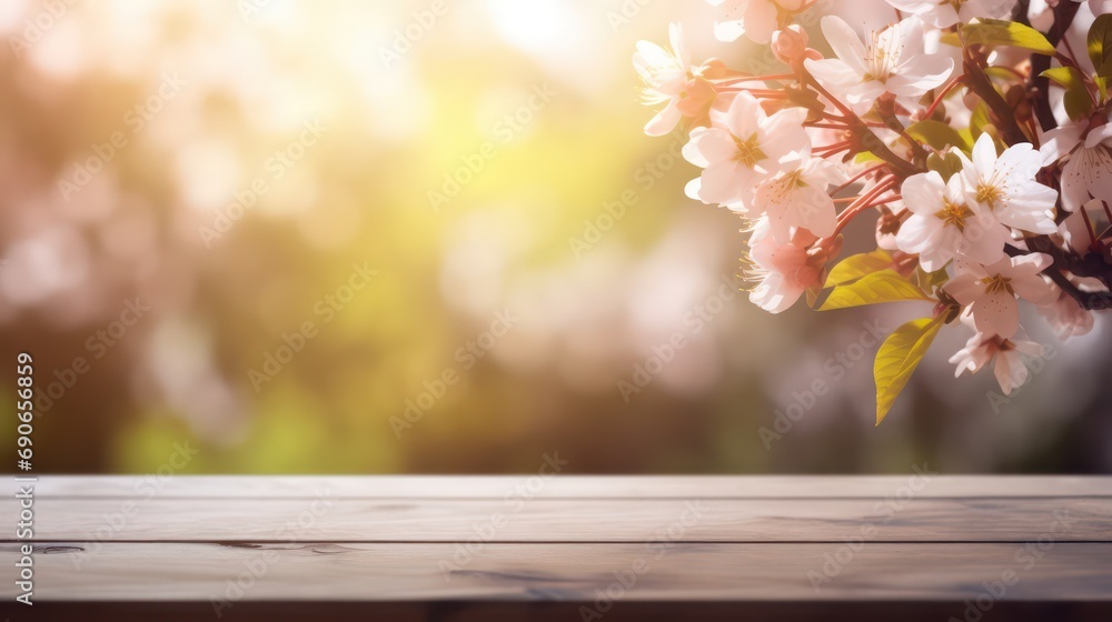 The empty wooden table top with blur spring background. Generative AI.