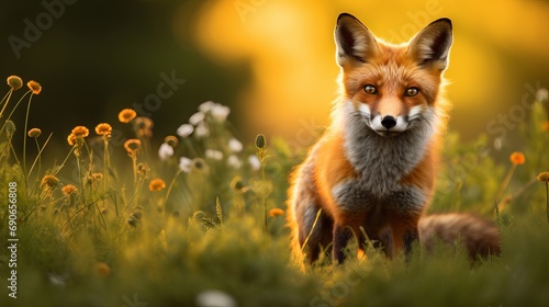 The wildflower meadow is home to a curious red fox vulpes who stand while hunting. photo