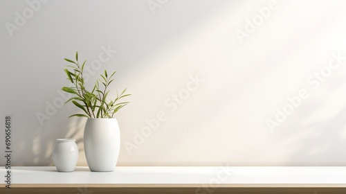 A modern office desk adorned with a sleek vase next to an empty white mockup  surrounded by minimalist decor and soft ambient light.