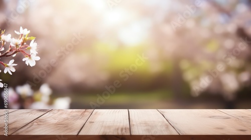 The empty wooden table top with blur spring background. Generative AI.