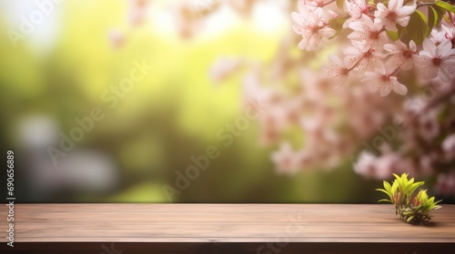 The empty wooden table top with blur spring background. Generative AI. © æ Enterprises