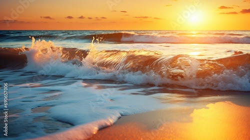 A beach at sunset with seawater, waves, and an orange sky background.