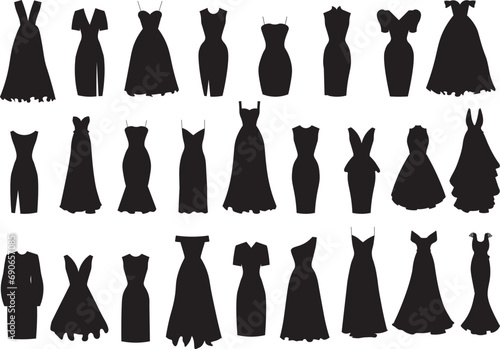 Set of evening and cocktail dresses . Collection woman clothing. Silhouette apparel. Vector illustration