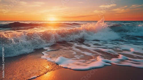 A beach at sunset with seawater, waves, and an orange sky background.