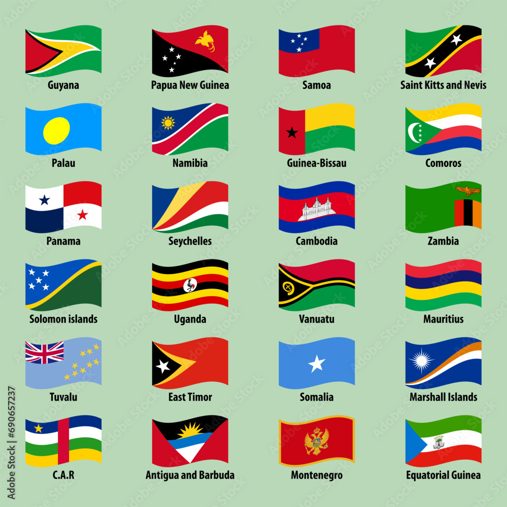 Large set of national flags of countries in wavy style on a bright background Large set of national flags of countries in wavy style on a bright background