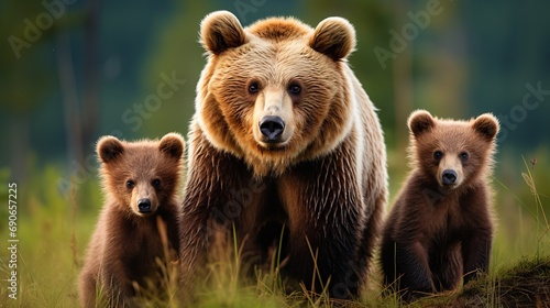 A female brown bear who is protective is standing near her two cubs.