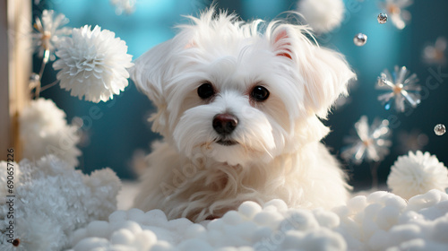 A cute white Maltese dog sits surrounded by blue winter Christmas decorations. photo