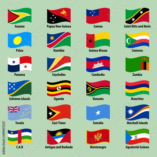Large set of national flags of countries in wavy style on a bright background