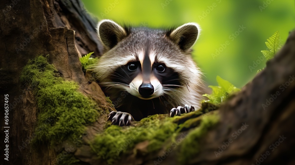 A raccoon wandering through the forest in its natural habitat A raccoon wandering through the forest in its natural habitat