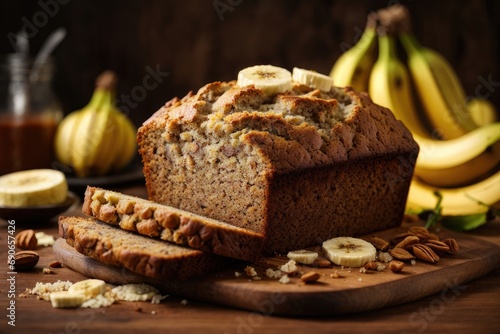 Banana bread on the table on brown background, cake with banana, cake with fruits and nuts, Banana cake with raisins, bread with banana, bread with seeds and banana