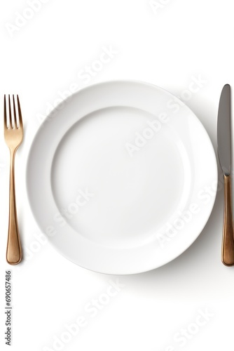 A clean plate with a single utensil isolated on white background