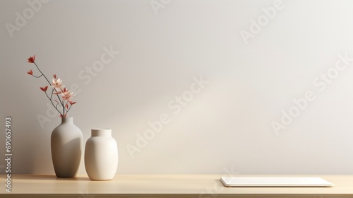 A modern office desk adorned with a sleek vase next to an empty white mockup, surrounded by minimalist decor and soft ambient light. © Zebazeba