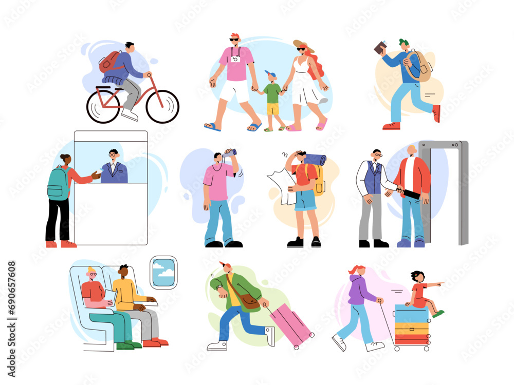 Travel characters. Summer vacation. Parents walk with kids. People carry suitcase for journey. Airport terminal. Couple in airplane cabin. Hiker with backpack. Hurrying travelers. Vector tourists set