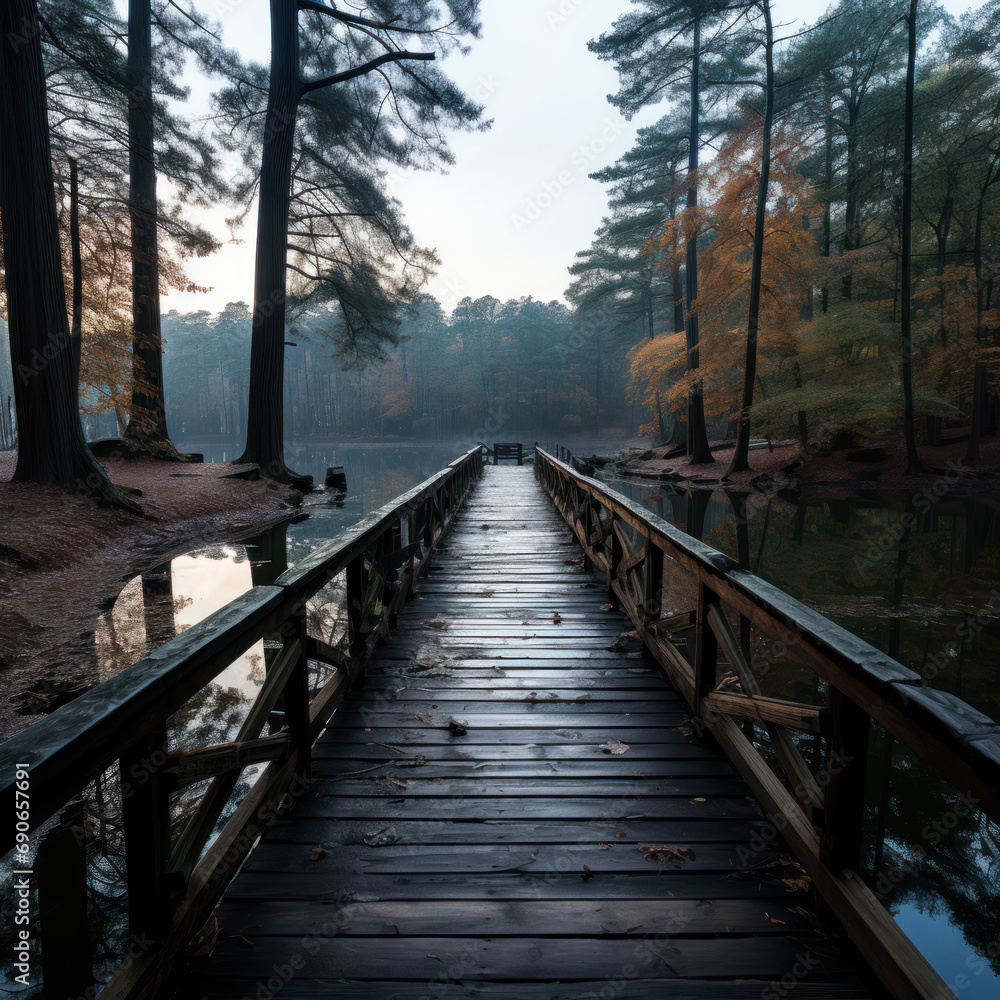 Deserted Bridge over Tranquil River at Sunrise Deserted Bridge over Tranquil River at Sunrise