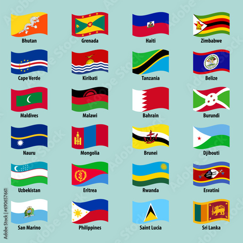 Collection of national waving flags of countries on a bright background