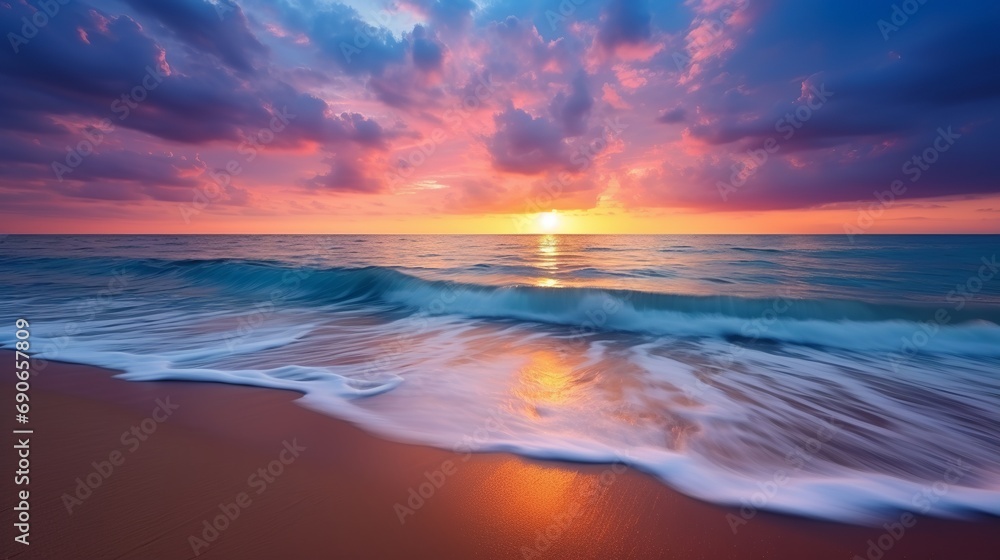 Beautiful cloudscapes at sunrise over the sea, as well as colorful sunsets on the ocean beach.