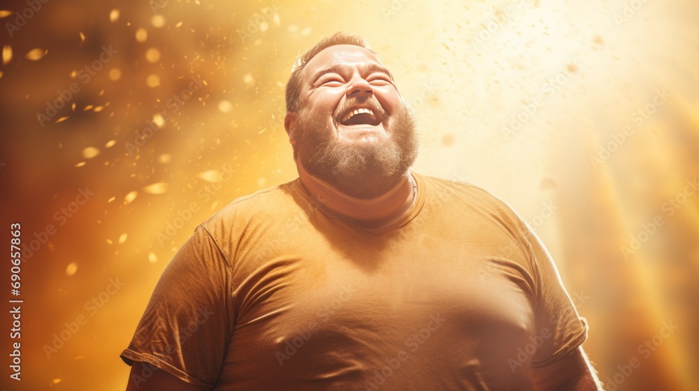 laughing fat obese man in yellow shirt.
