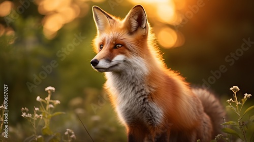 During the summer sunset, a red fox is looking back over his shoulder.